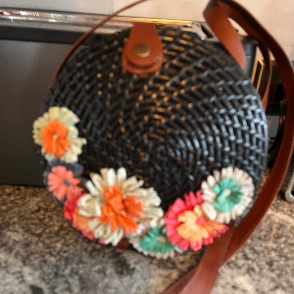 J Crew Black Wicker Straw Circular Floral Purse bag with strap